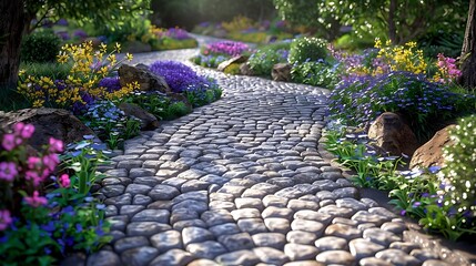 Sticker - A serene stone pathway surrounded by vibrant flowers and greenery, inviting exploration and tranquility.