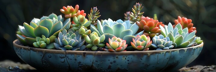 Sticker - A vibrant arrangement of various succulent plants in a decorative bowl, showcasing their diverse colors and shapes.