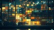 © NATTAWUT - Containers stacked high at a port terminal glowing under the night lights