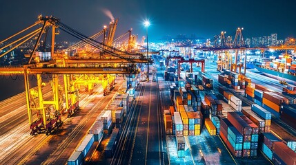 Busy nighttime port terminal with cranes lifting containers onto ships under bright lights