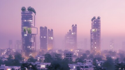 Sticker - Cinematic evening skyline of an eco-city rendered in a pastel color scheme AI generated illustration