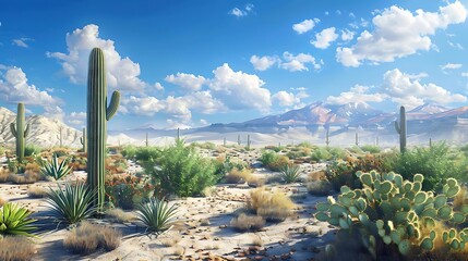 Canvas Print - A serene desert landscape featuring cacti, shrubs, and mountains under a bright blue sky with clouds.