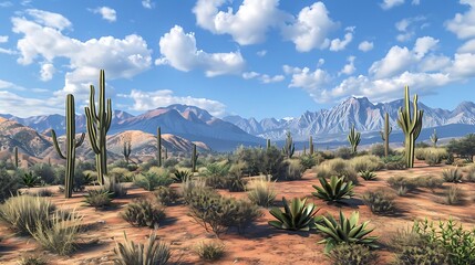 Sticker - A serene desert landscape featuring cacti, mountains, and a clear blue sky.