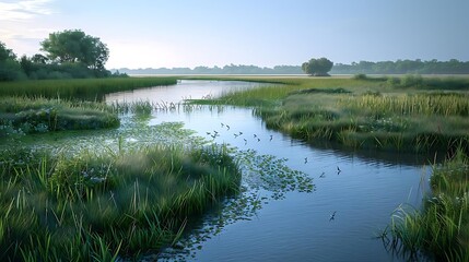 Canvas Print - A serene landscape featuring a winding river surrounded by lush greenery and tranquil waters.