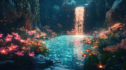 Wall Mural - Enchanting Waterfall and Glowing Flowers in a Mystical Forest