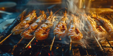 Wall Mural - Baked Japanese Tiger Prawn Shrimp Skewers