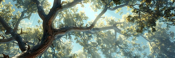 Poster - A serene view of sunlit tree branches and leaves, showcasing the beauty of nature.