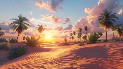 Sticker - A serene desert landscape at sunset with palm trees and vibrant clouds.