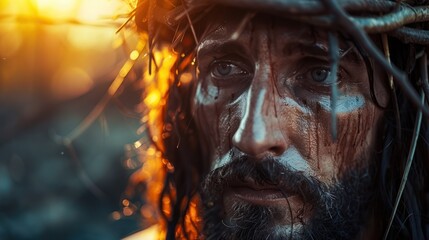 Wall Mural - Christ's Suffering: Photorealistic Close-Up Portrait of Jesus with Crown of Thorns in Sunlight