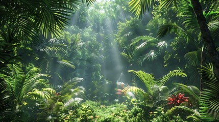 Poster - A serene rainforest scene with sunlight filtering through lush foliage.