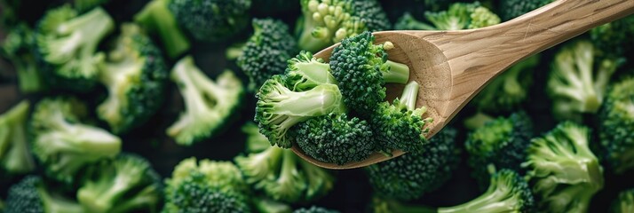 Wall Mural - Freshly Sliced Broccoli with Wooden Spoon Healthy Organic Vegetable in Natural Green Environment Soft Focus