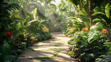 Poster - A serene jungle pathway surrounded by lush greenery and vibrant flowers, inviting exploration.