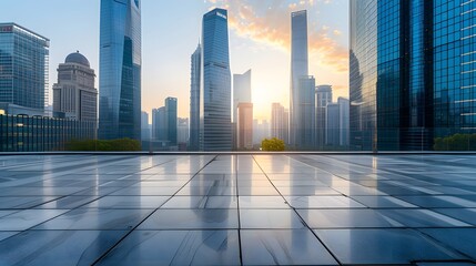 Poster - City skyline dominated by towering high rises in the backdrop of an empty square floor  AI generated illustration