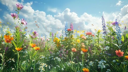 Wall Mural - A vibrant field of colorful flowers under a bright sky with fluffy clouds and butterflies.