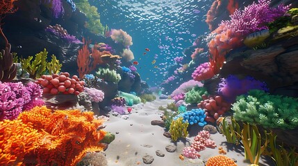 Sticker - A vibrant underwater scene showcasing colorful corals and marine life in a serene ocean environment.