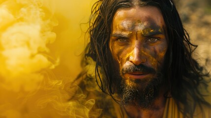 Majestic Close-Up Portrait of Jesus Christ with Long Hair and Beard Amidst Yellow Smoke