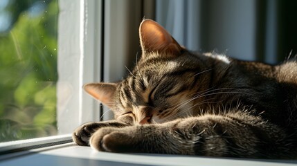 Wall Mural - Close-up of a cat resting on a sunny windowsill  AI generated illustration