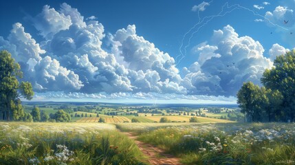 Wall Mural - vast green meadow under expansive blue sky with majestic clouds near rolling hills
