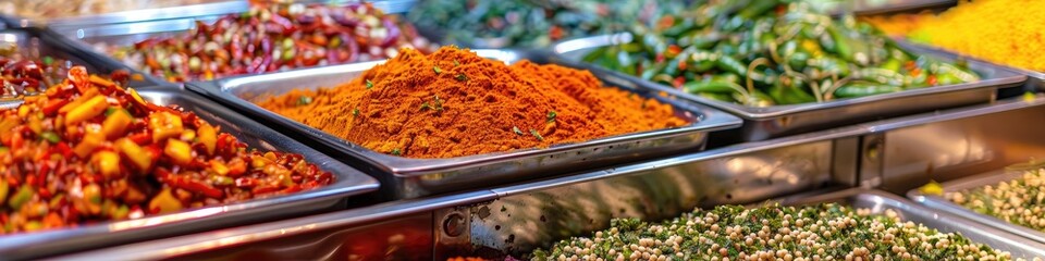 Poster - Close-up of vibrant spicy masala curry with aromatic seasonings and condiments displayed on a tray.