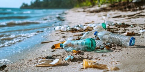 Wall Mural - Polluted beach with scattered plastic bottles and debris highlighting environmental issues and the need for recycling practices.