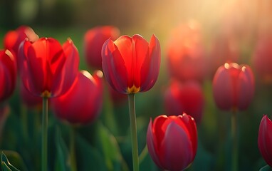 Poster - Red tulips in a field at sunset, with the sun shining through the petals.