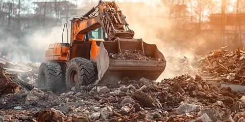 Poster - Loader moving construction debris for recycling, environmental management Heavy duty and robust, efficient and reliable, sustainable construction