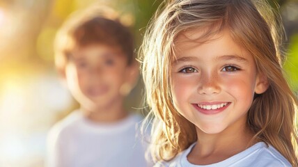 Canvas Print - A young girl with blonde hair and a white shirt is smiling at the camera