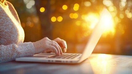 Wall Mural - A woman is typing on a laptop computer