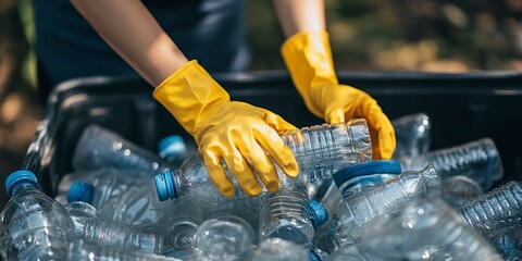 A person wearing yellow gloves collects plastic bottles for recycling. 