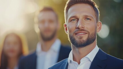 Sticker - A man with a beard and a smile is standing in front of two other men