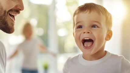 Canvas Print - A man and a child are smiling at the camera