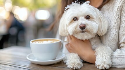 Poster - A woman is holding a white dog and a white coffee cup