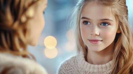 Canvas Print - A girl with blonde hair is looking at another girl