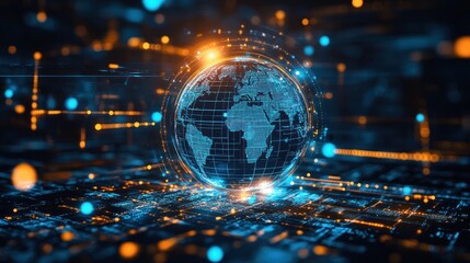 Wall Mural - a computer generated image of a globe with a blue and orange background. the globe is surrounded by 