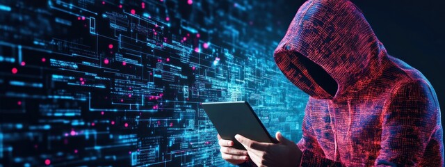 A man is wearing a hoodie and holding a tablet. The image is a representation of a computer screen with a man in a hoodie