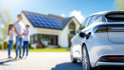 A family is standing in front of house with a white car parked in front of it