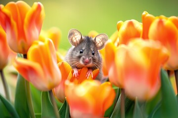 Wall Mural - photo of adorable little mouse peeking out from behind orange tulips, vibrant colors, playful mood