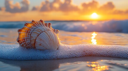 Sticker - Seashell on a sandy beach at sunset.