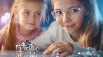 Two young girls are looking at a robot toy