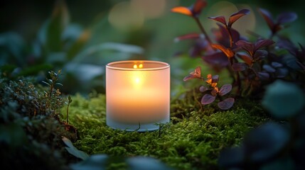 Wall Mural - Lit candle in frosted glass tealight holder with plants on moss