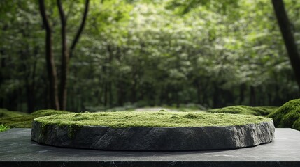 Poster - Podium background with moss stone in green forest 