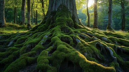 Poster - A carpet of moss blanketing the roots of an ancient tree