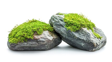 Sticker - A pair of natural stones covered with lush green moss on white background