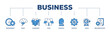 © kirale - Business icons process structure web banner illustration of management, ideas, leadership, team, strategy, process, goals, and implementation icon png transparent background.