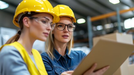 Canvas Print - Two women wearing safety gear and reading a paper