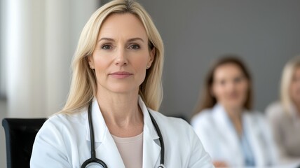 Wall Mural - A woman in a white coat is sitting in front of a group of people