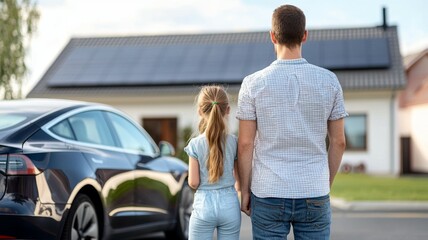 Poster - A man and a girl are standing in front of a house and a car