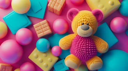 Wall Mural - Colorful 3D abstract background with cuddly toy designs  AI generated illustration