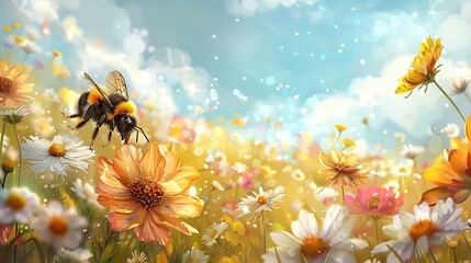 Sticker - A vibrant field of flowers with a bee collecting nectar under a bright sky.