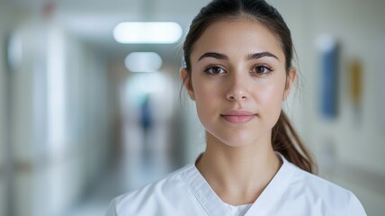 Poster - A woman in a white uniform stands in a hallway